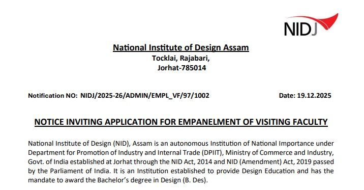 NID Assam Jobs 2025–26: Apply Online for Visiting Faculty Positions