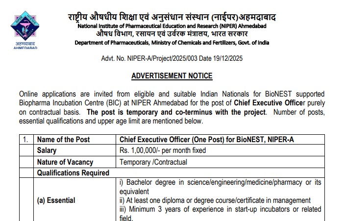 Senior Leadership Opportunity in Pharma Education: NIPER Ahmedabad Invites CEO Applications 2025