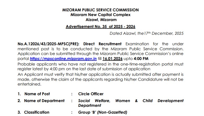 Government Officer Career in Mizoram: PSC Invites Applications for Circle Officer Posts 2025