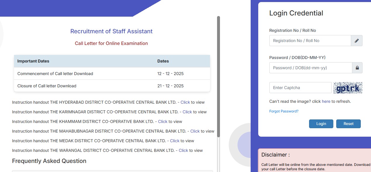 Telangana DCCB Staff Assistant Hall Ticket 2025 Released: Download Admit Card for Dec 21 Exam