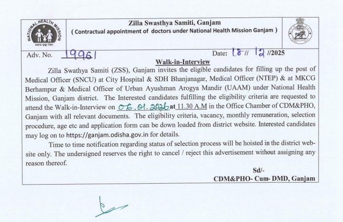 Government Medical Jobs: Walk-In Opportunity at Zilla Swasthya Samiti Ganjam