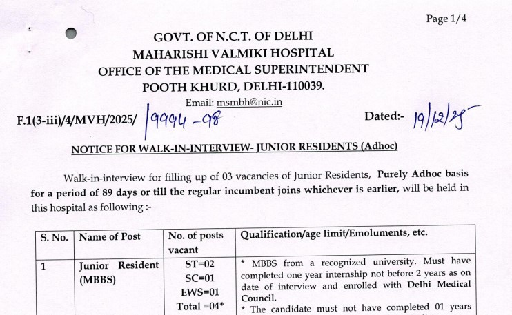 Delhi Hospital Offers Walk-In Opportunity for Junior Doctors: MVH Junior Resident Recruitment 2025