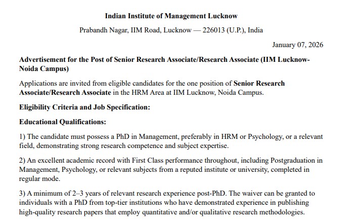 Research Career Opportunity at IIM Lucknow 2026: Apply Online for Research Associate Roles