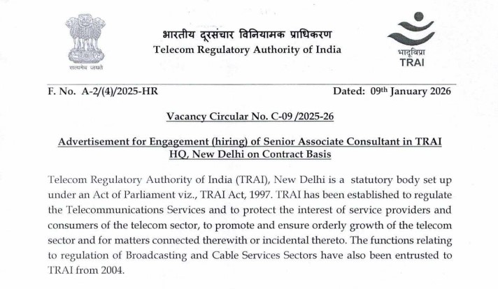 Senior Associate Consultant Jobs at TRAI 2026: Online Application, Eligibility and Selection Details