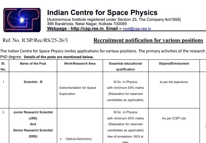 ICSP Recruitment 2026: Offline Applications Open for JRF, Scientist B and Other Research Posts