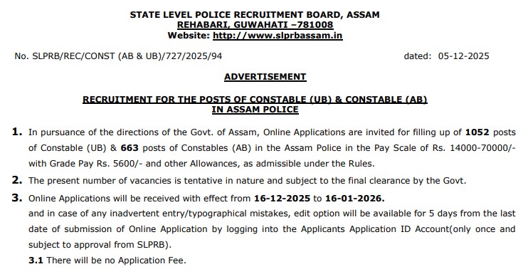 Assam Police Jobs 2026: Online Applications Open for 1,715 Constable Vacancies