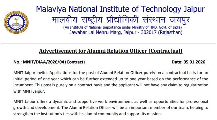 MNIT Jaipur Recruitment 2026: Alumni Relation Officer Vacancy, Eligibility and Email Application Process