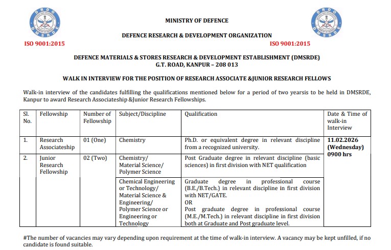 DRDO DMSRDE Recruitment 2026: Walk-In Opportunity for Research Associates and JRF Posts