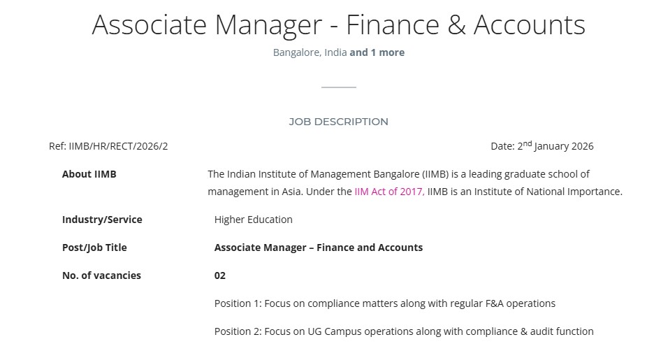 IIM Bangalore Recruitment 2026: Associate Manager Online Application, Eligibility and Selection Details