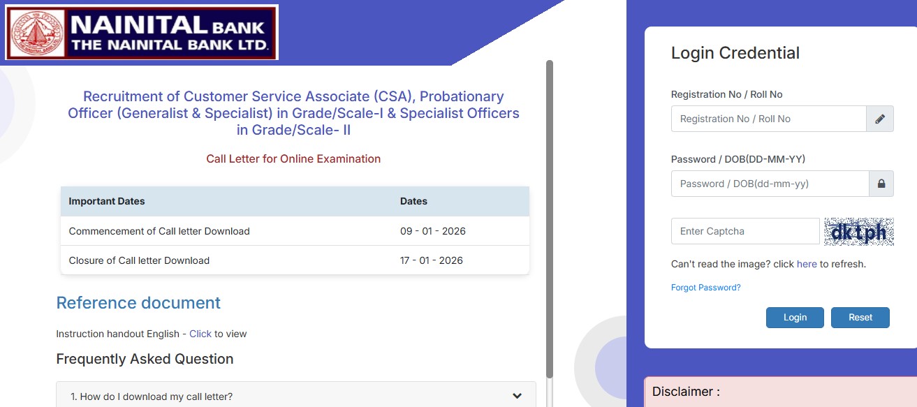 Nainital Bank Clerk & PO Admit Card 2026 Released: Download Link, Exam Date and Instructions