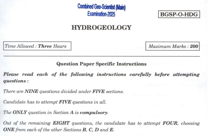 UPSC Geo-Scientist Main 2025 Hydrogeology Question Paper Download