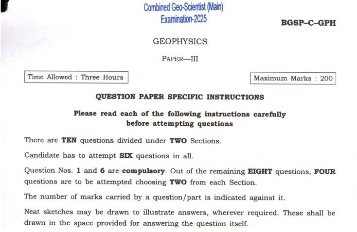 UPSC Geo-Scientist Main Exam 2025: Download Geo-Physics Paper III Question Paper PDF