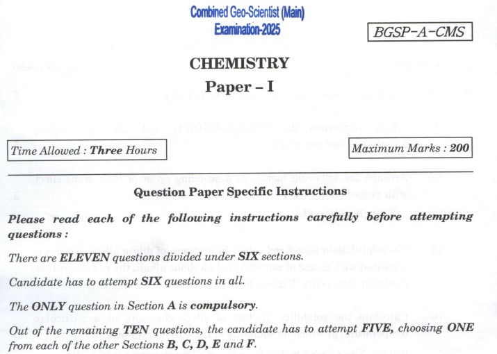 UPSC Geo-Scientist Main Exam 2025: Download Chemistry Paper I Question Paper PDF