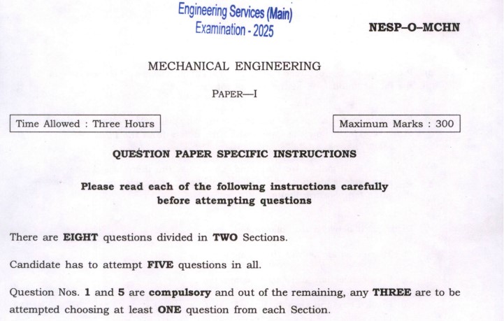 ESE 2025 Mechanical Engineering Paper I Download: Main Exam Question Paper PDF and Analysis
