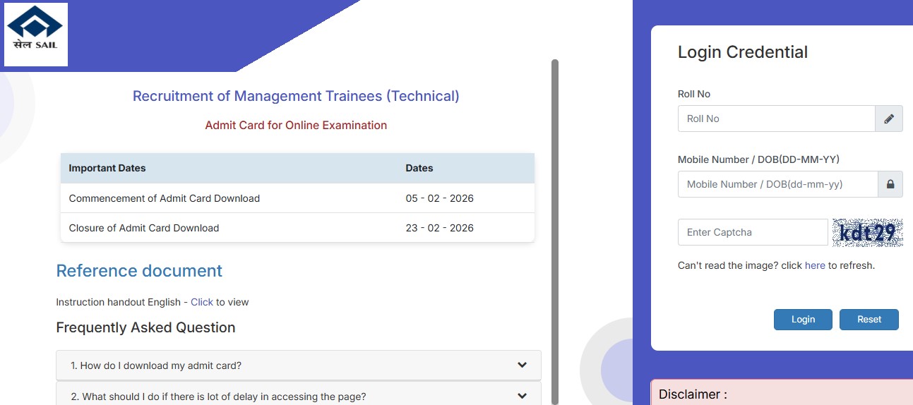 SAIL Management Trainee Admit Card 2026 – Exam Date, Hall Ticket Link and Instructions