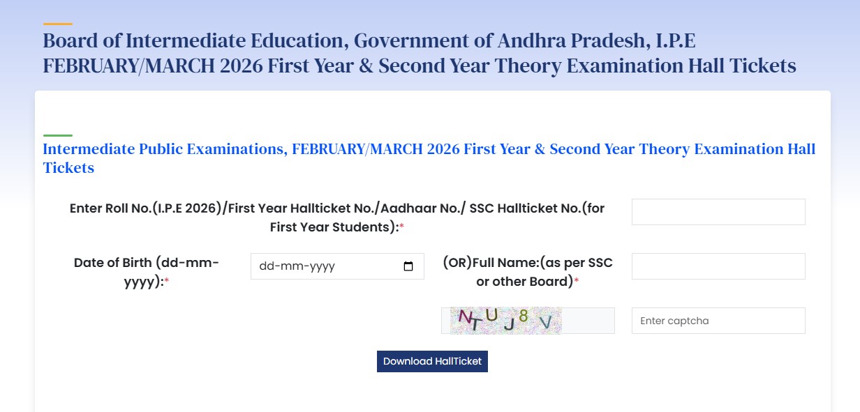 AP Inter Hall Ticket 2026 Download Link: BIEAP 1st and 2nd Year Admit Card Released