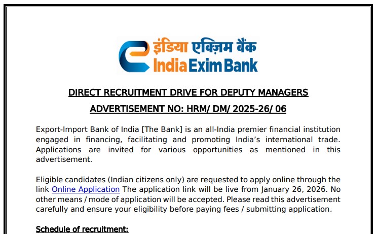 Job advertisement for Deputy Managers