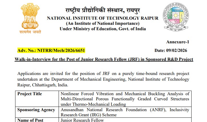 NIT Raipur JRF Recruitment 2026: Online Application Process, Eligibility, and Key Dates