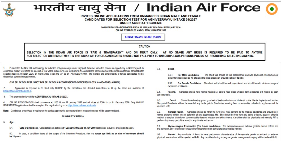 IAF Agniveer Vayu Intake 01/2027 Recruitment 2026: Apply Online, Eligibility and Selection Process