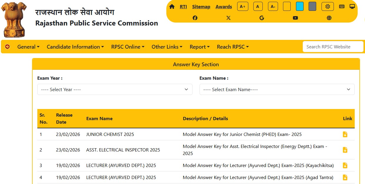 RPSC Answer Key 2026 Out: Junior Chemist & AEI Exam Solution PDF Download