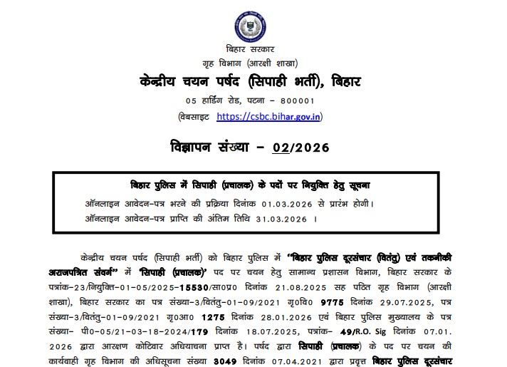 CSBC Bihar Police Constable Operator Vacancy 2026: Apply Online for 993 Posts