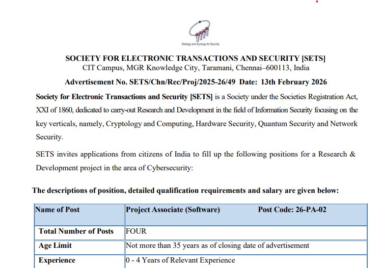 SETS Project Associate Recruitment 2026: Apply Online for Latest Research Posts