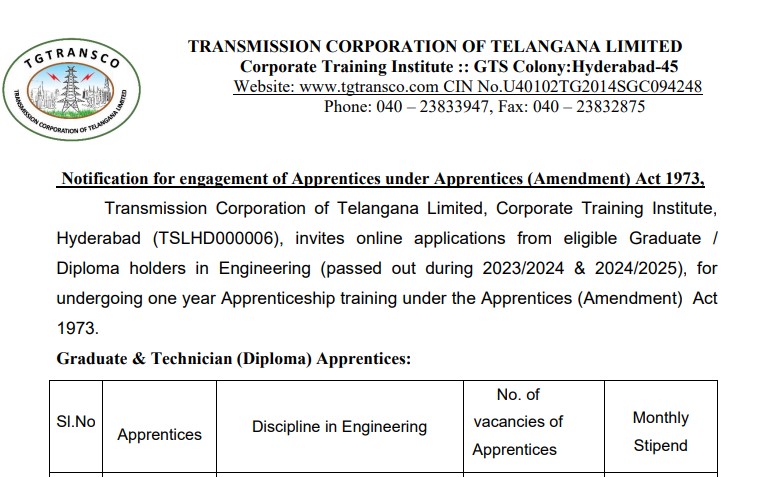 TGTRANSCO Apprenticeship 2026: Apply Online for 250 Training Vacancies, Eligibility and Selection Details