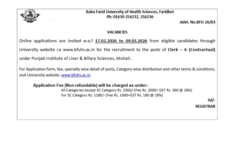 BFUHS Clerk Vacancy 2026: Online Application, Eligibility and Selection Process