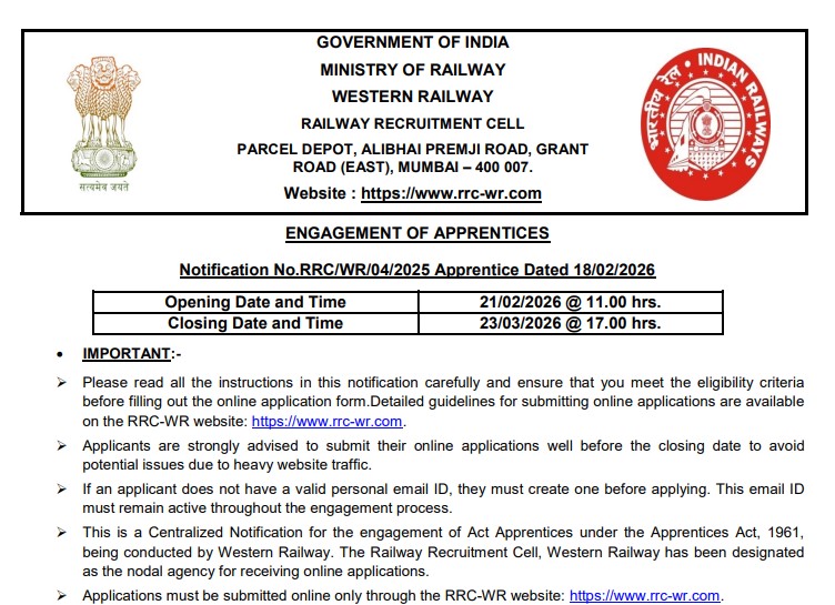 RRC WR Apprentice Vacancy 2026: Apply Online for 5349 Railway Apprentice Posts