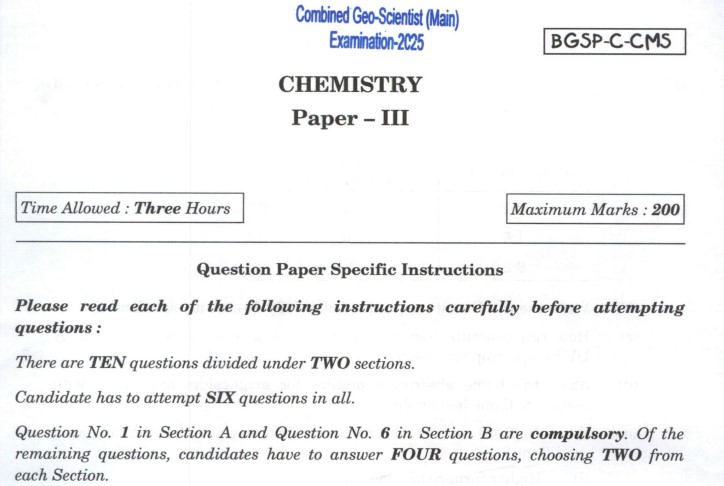 Combined Geo-Scientist (Main) Examination 2025 Chemistry Paper III Question Paper – Download PDF