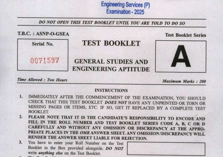 Download ESE Prelims 2025 Paper I Question Paper PDF – General Studies & Engineering Aptitude