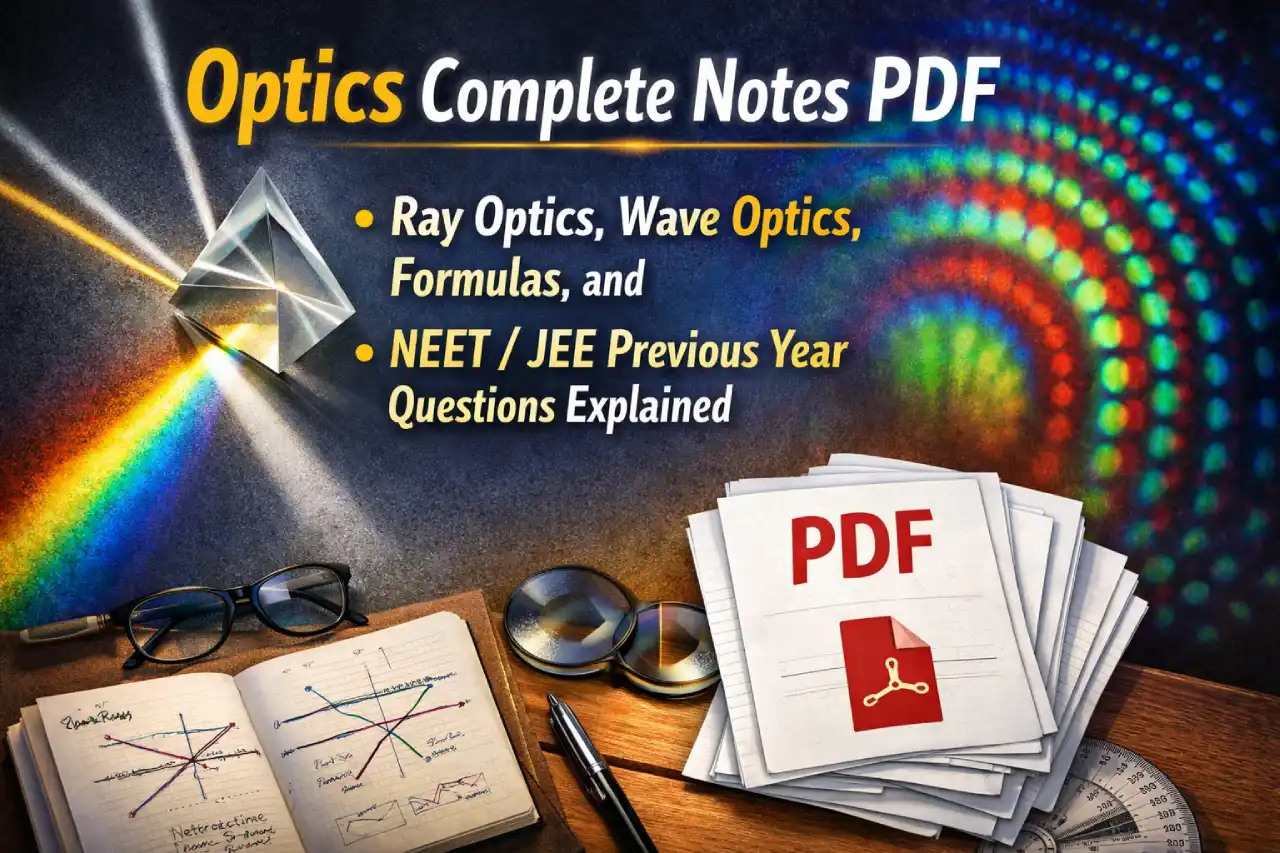 Optics Complete Notes PDF: Ray Optics, Wave Optics, Formulas, and NEET/JEE Previous Year Questions Explained