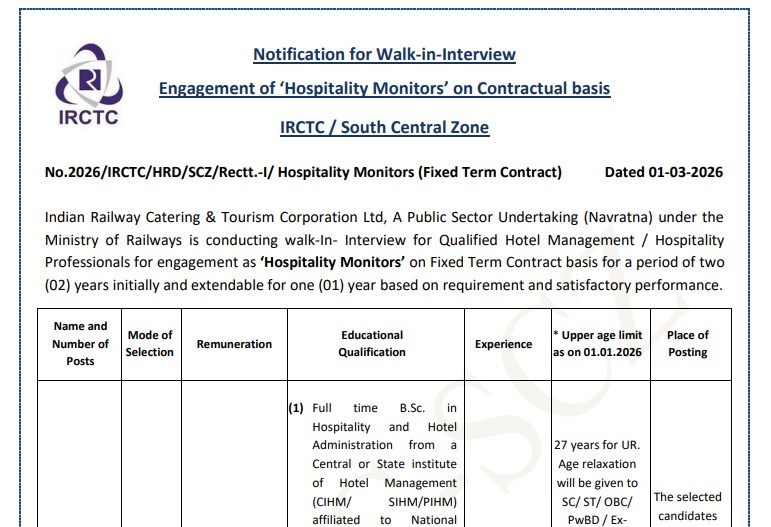 IRCTC Hospitality Monitors Recruitment 2026: Walk-in Interview for 43 Posts on 12–13 March