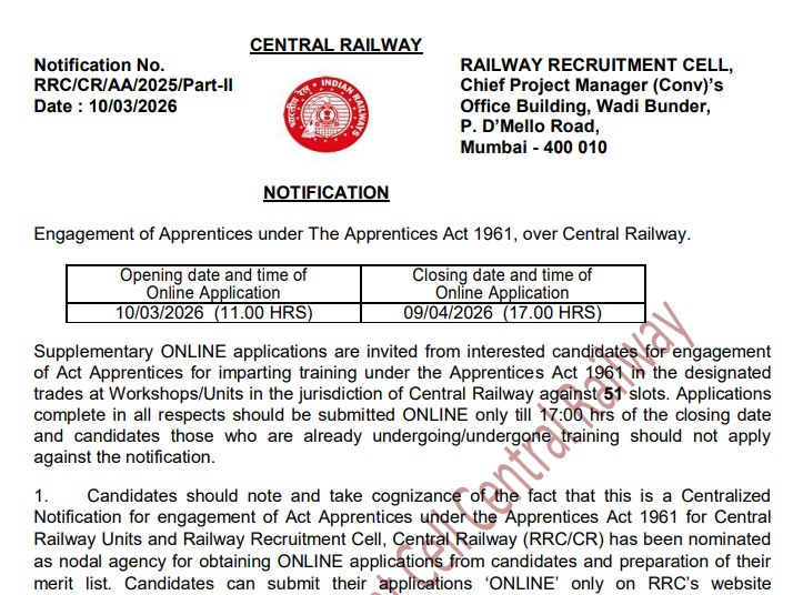RRC Central Railway Apprentice Recruitment 2026: Apply Online for 51 Posts