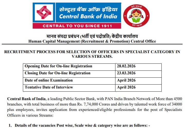 Central Bank of India SO Vacancy 2026 Open for 275 Posts – Apply Now