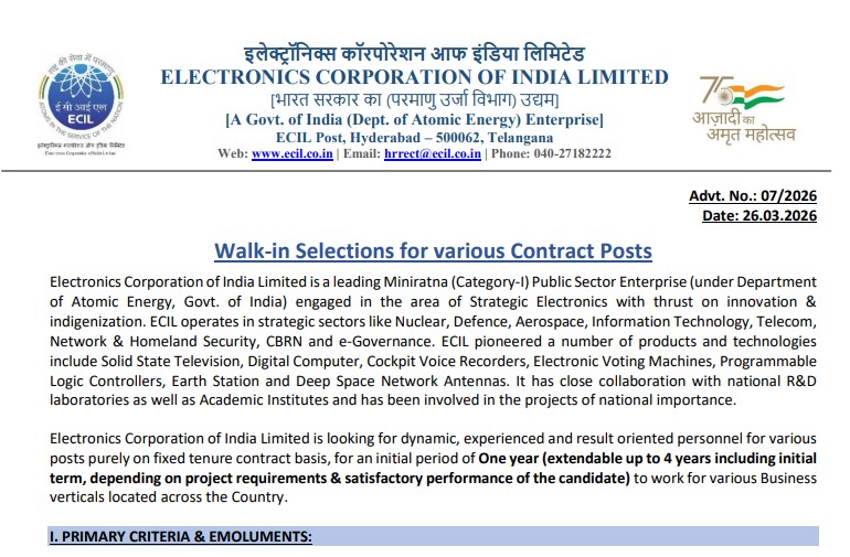 ECIL Recruitment 2026 Walk-in Jobs: Apply for 32 Engineer, Technical Officer and Artisan Posts