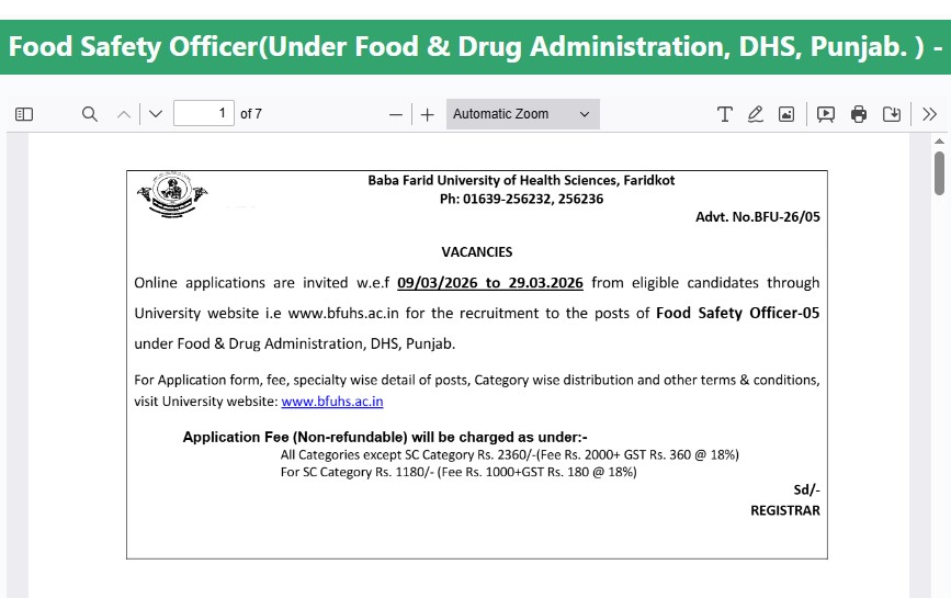 BFUHS Food Safety Officer Recruitment 2026: Eligibility, Salary and How to Apply for 5 Posts