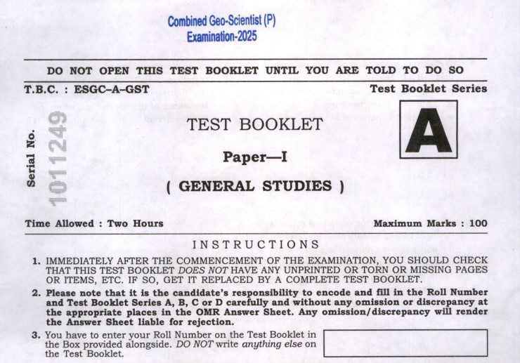 UPSC Geo-Scientist Prelims 2025 Paper-I Question Paper PDF – Download General Studies Paper