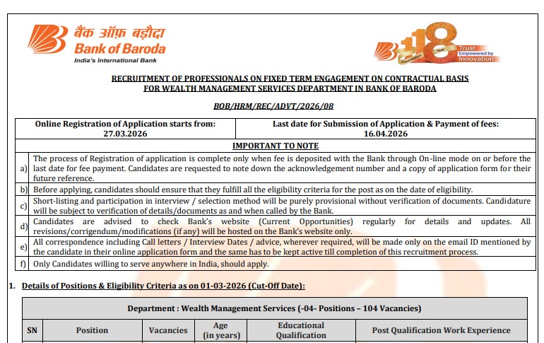 Bank of Baroda Recruitment 2026: Apply Online for 104 Deputy Manager and AVP Vacancies