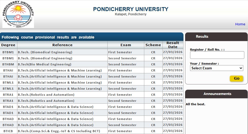 Pondicherry University Result 2026 Released: Check B.Tech Semester Results and Download Scorecard