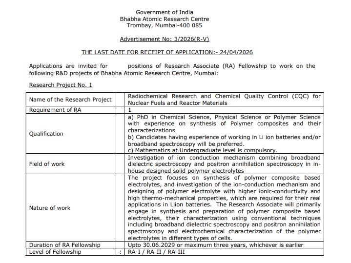 BARC Research Associate Recruitment 2026: Apply Offline for 56 RA Fellowship Posts Before April 24