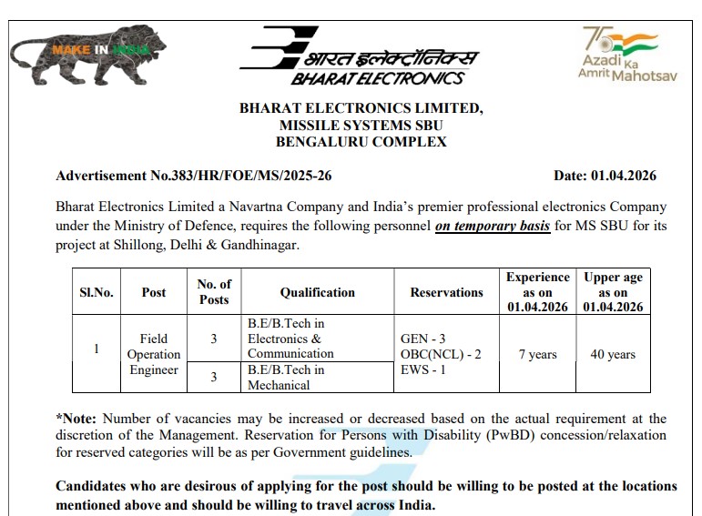 BEL Field Operation Engineer Recruitment 2026: Apply Offline Now, Check Eligibility and Application Process