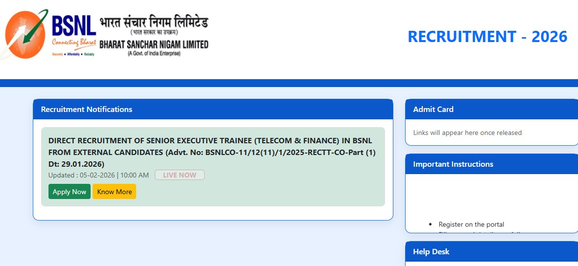 BSNL SET Recruitment 2026: Apply Online for 120 Senior Executive Trainee Posts, Check Eligibility and Details