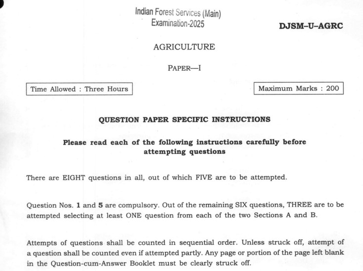 UPSC IFoS Agriculture Paper I 2025 Question Paper PDF: Download Now